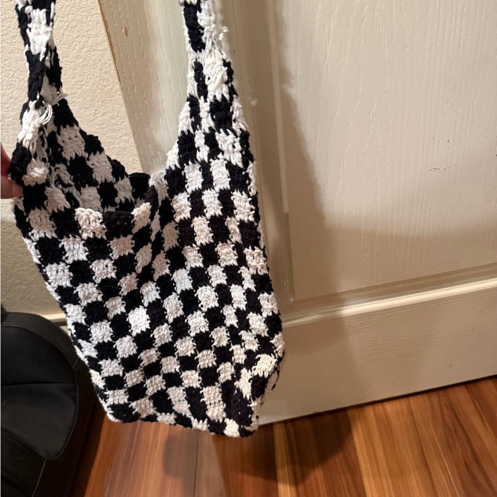 Black & White Crochet Checkerboard Shoulder Bag